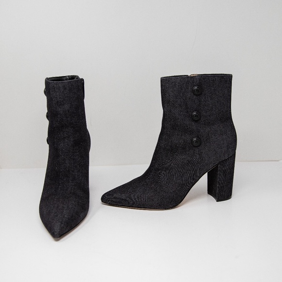 L'Agence Theodora Block High Heel Pointed Toe Button Detail Ankle Booties Denim - Picture 1 of 4